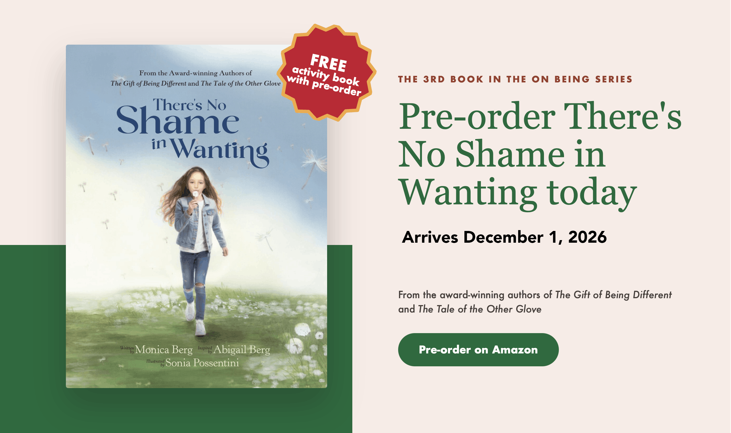 Book cover of a blue sky and young girl blowing dandelions in a field with the title: There's No Shame in Wanting by Monica Berg and Abigail Berg